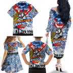 Personalised Bulldogs ANZAC Day Family Matching Off The Shoulder Long Sleeve Dress and Hawaiian Shirt Aboriginal Rising Sun
