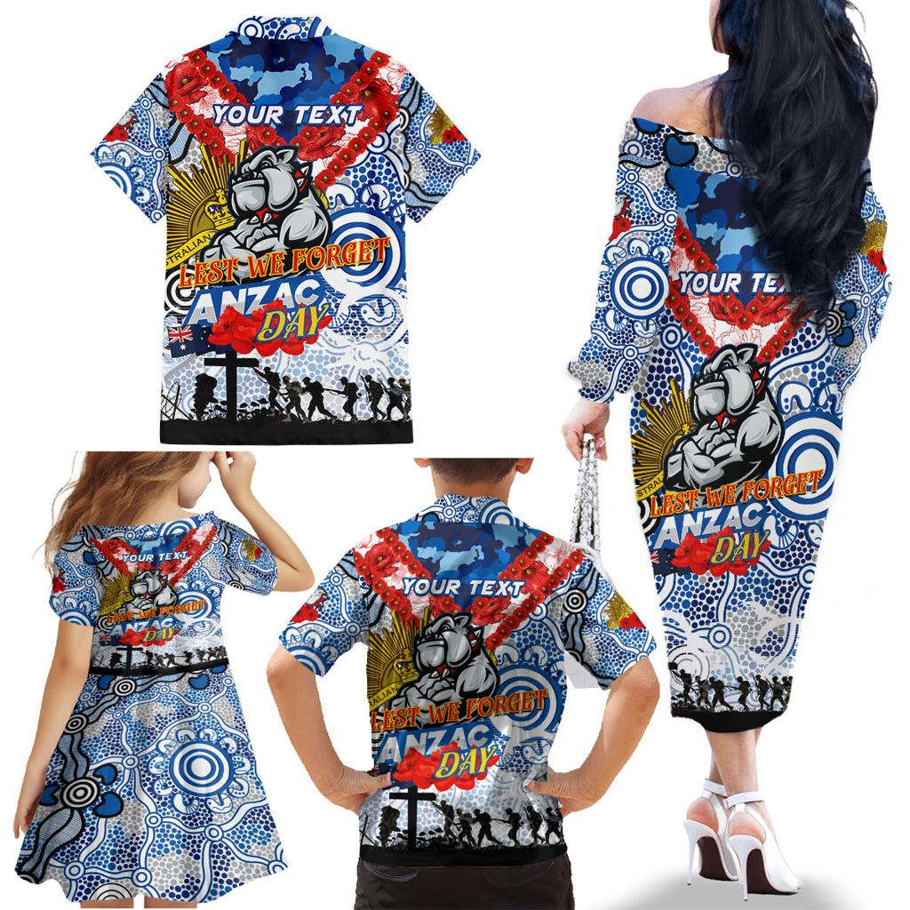 Personalised Bulldogs ANZAC Day Family Matching Off The Shoulder Long Sleeve Dress and Hawaiian Shirt Aboriginal Rising Sun