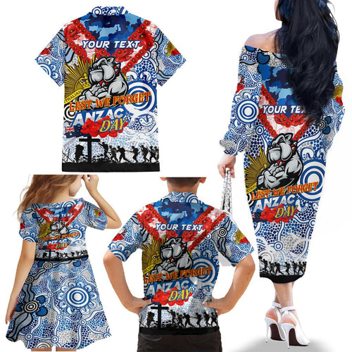 Personalised Bulldogs ANZAC Day Family Matching Off The Shoulder Long Sleeve Dress and Hawaiian Shirt Aboriginal Rising Sun