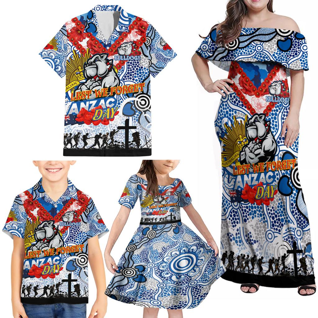 Personalised Bulldogs ANZAC Day Family Matching Off Shoulder Maxi Dress and Hawaiian Shirt Aboriginal Rising Sun