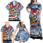 Personalised Bulldogs ANZAC Day Family Matching Off Shoulder Maxi Dress and Hawaiian Shirt Aboriginal Rising Sun
