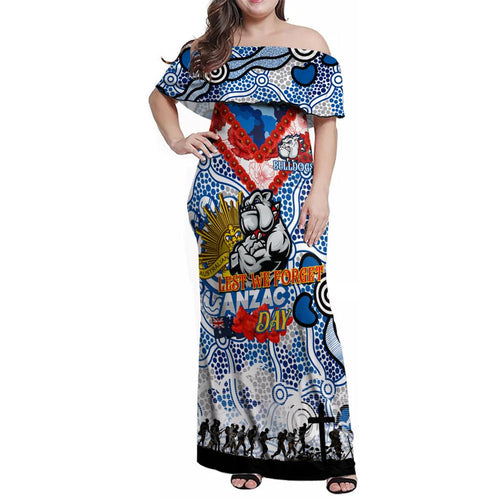 Personalised Bulldogs ANZAC Day Family Matching Off Shoulder Maxi Dress and Hawaiian Shirt Aboriginal Rising Sun