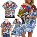 Personalised Bulldogs ANZAC Day Family Matching Off Shoulder Short Dress and Hawaiian Shirt Aboriginal Rising Sun