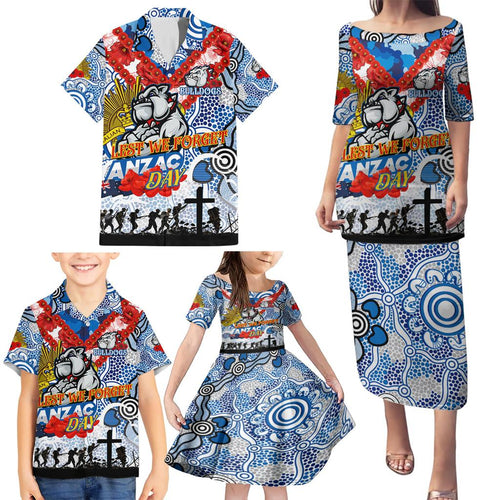 Personalised Bulldogs ANZAC Day Family Matching Puletasi and Hawaiian Shirt Aboriginal Rising Sun