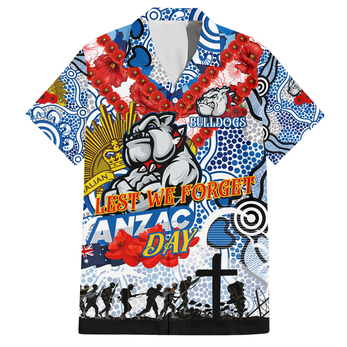Personalised Bulldogs ANZAC Day Hawaiian Shirt Aboriginal Rising Sun