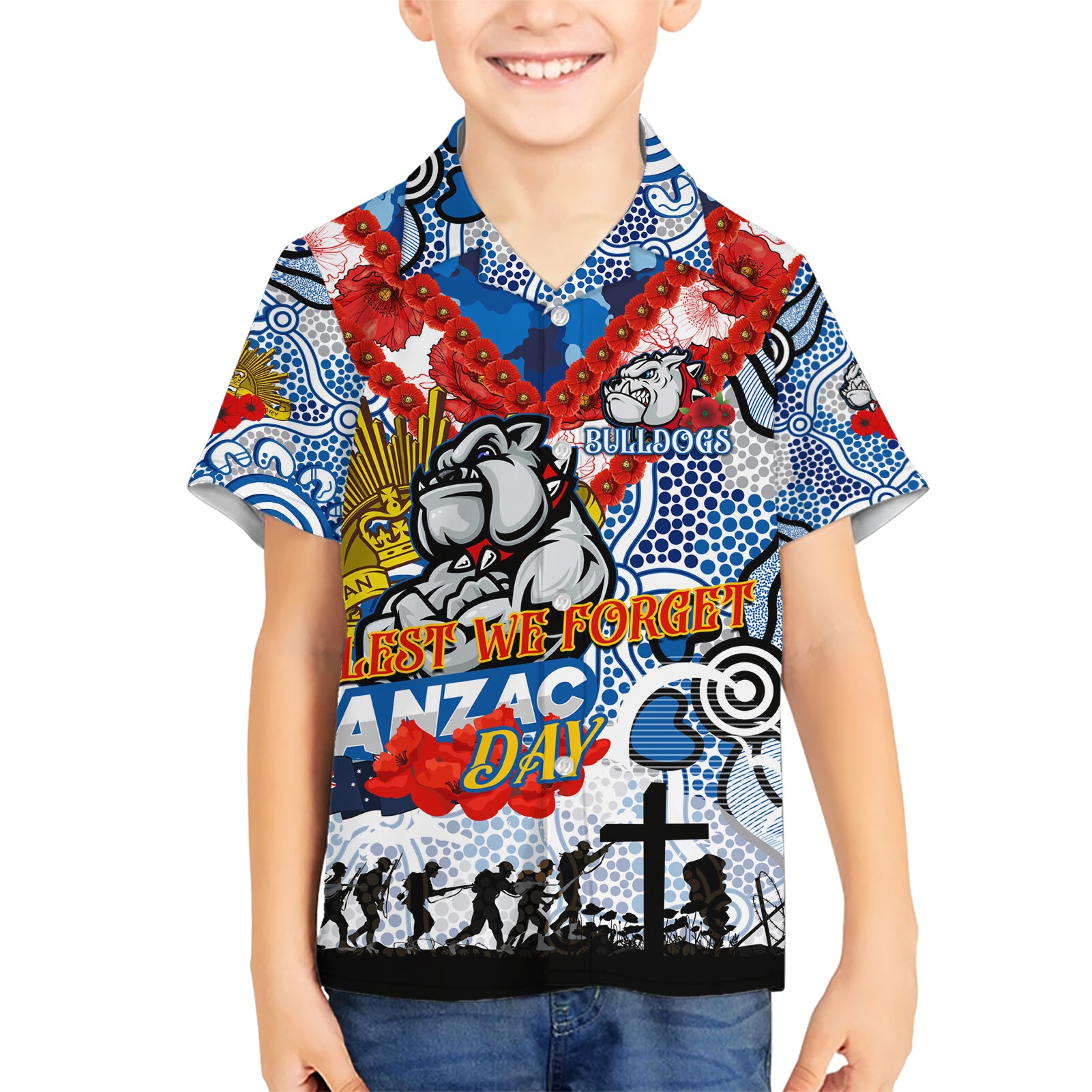 Personalised Bulldogs ANZAC Day Kid Hawaiian Shirt Aboriginal Rising Sun