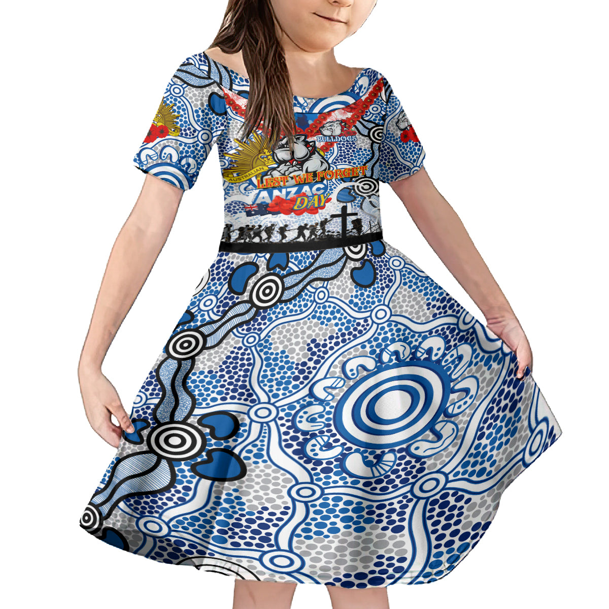 Personalised Bulldogs ANZAC Day Kid Short Sleeve Dress Aboriginal Rising Sun