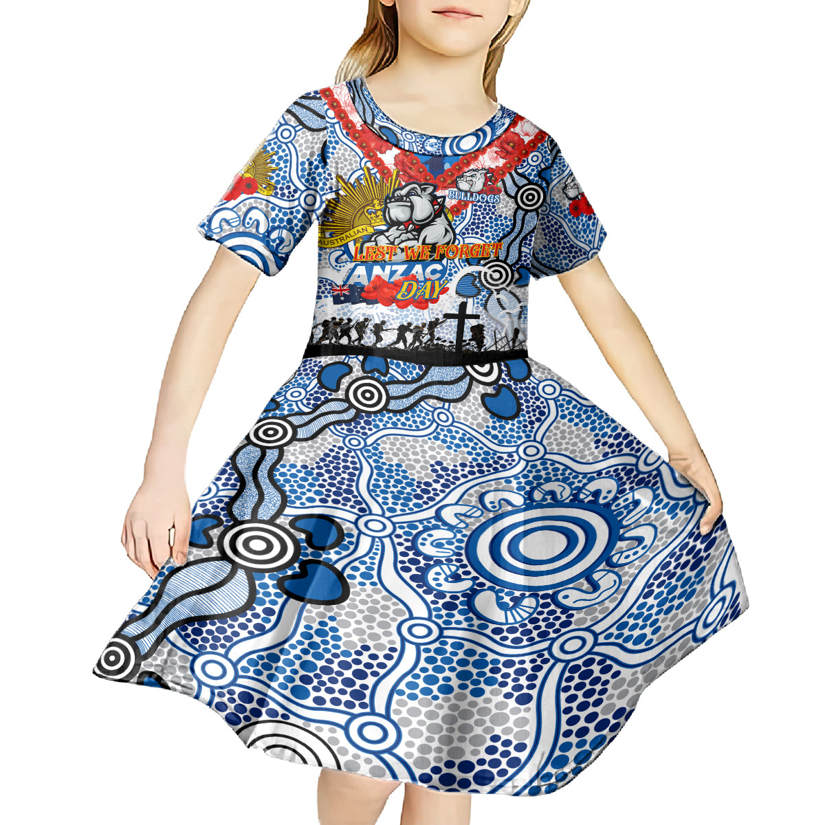 Personalised Bulldogs ANZAC Day Kid Short Sleeve Dress Aboriginal Rising Sun