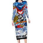 Personalised Bulldogs ANZAC Day Long Sleeve Bodycon Dress Aboriginal Rising Sun