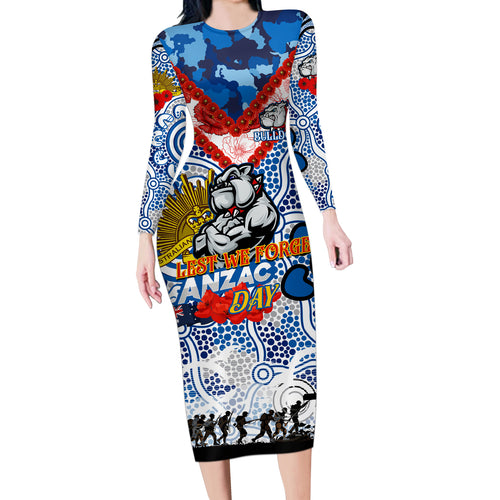 Personalised Bulldogs ANZAC Day Long Sleeve Bodycon Dress Aboriginal Rising Sun
