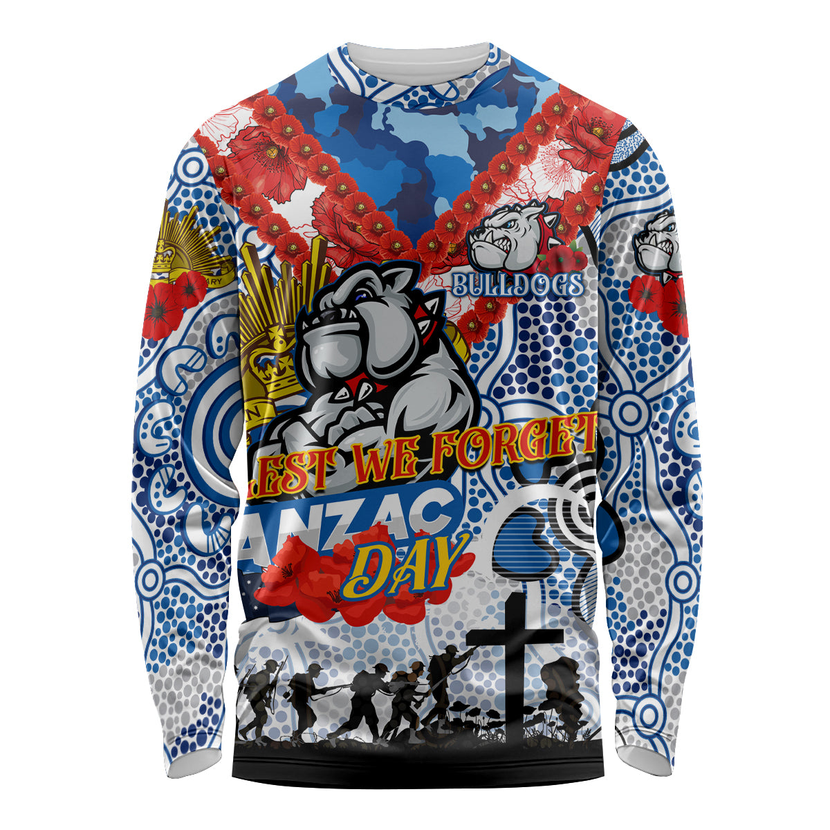 Personalised Bulldogs ANZAC Day Long Sleeve Shirt Aboriginal Rising Sun