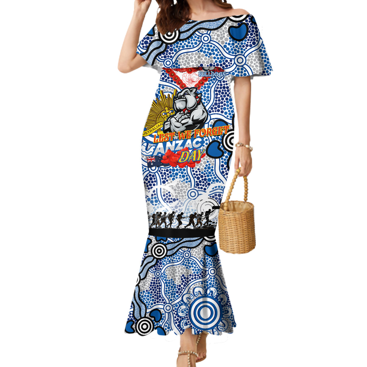 Personalised Bulldogs ANZAC Day Mermaid Dress Aboriginal Rising Sun