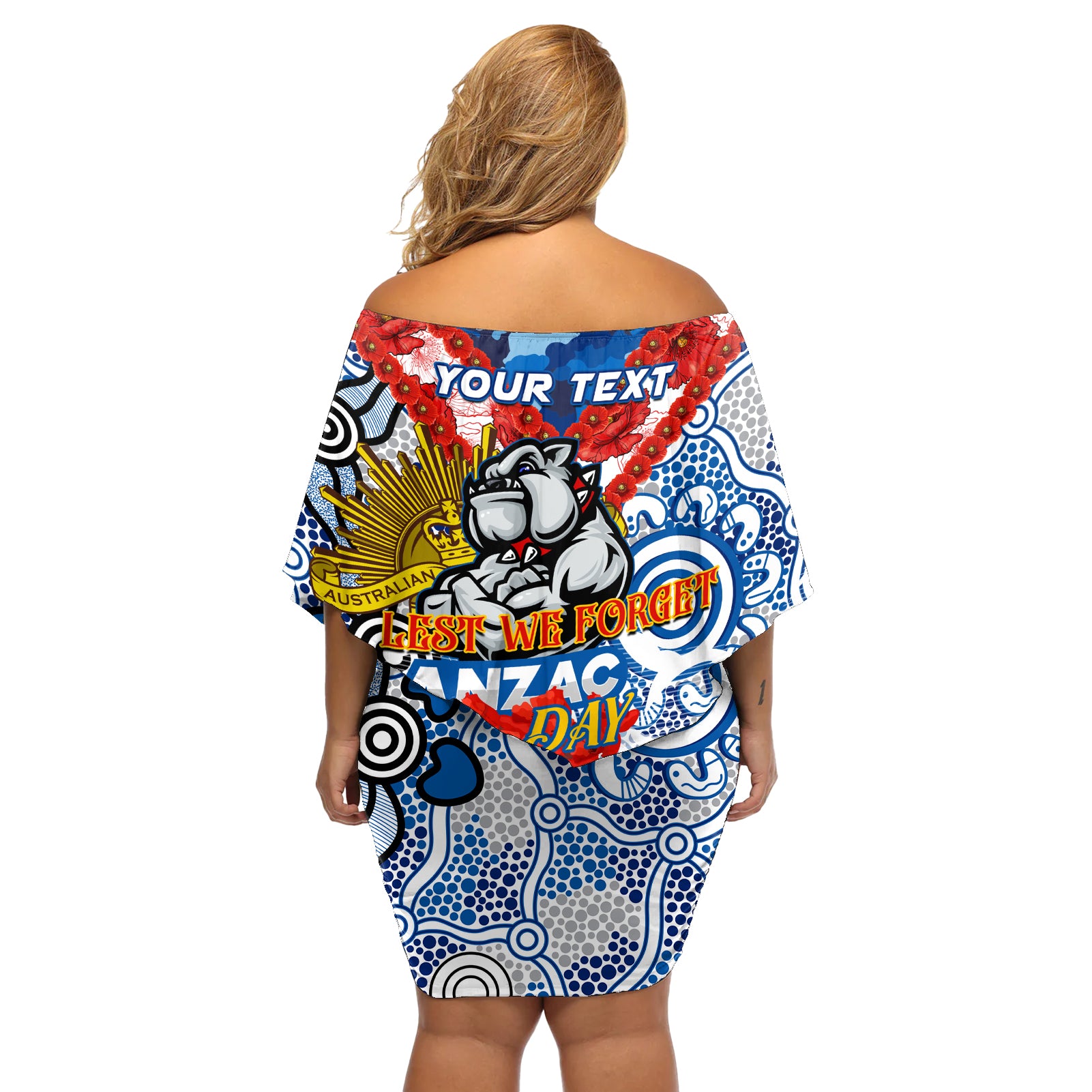 Personalised Bulldogs ANZAC Day Off Shoulder Short Dress Aboriginal Rising Sun