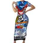 Personalised Bulldogs ANZAC Day Short Sleeve Bodycon Dress Aboriginal Rising Sun