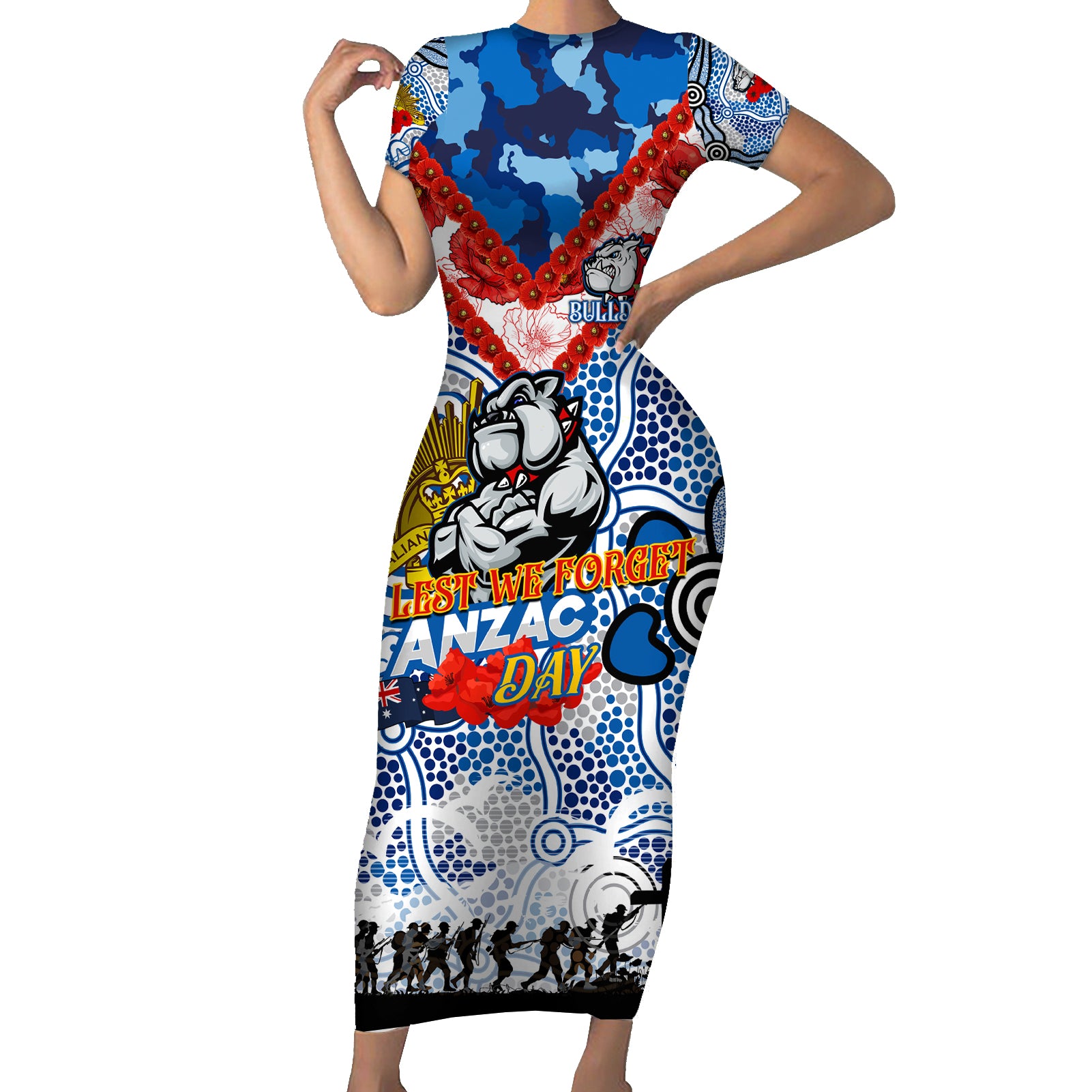 Personalised Bulldogs ANZAC Day Short Sleeve Bodycon Dress Aboriginal Rising Sun