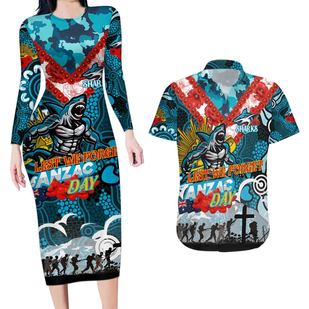 Personalised Sharks ANZAC Day Couples Matching Long Sleeve Bodycon Dress and Hawaiian Shirt Aboriginal Rising Sun