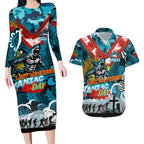 Personalised Sharks ANZAC Day Couples Matching Long Sleeve Bodycon Dress and Hawaiian Shirt Aboriginal Rising Sun
