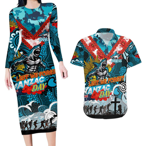 Personalised Sharks ANZAC Day Couples Matching Long Sleeve Bodycon Dress and Hawaiian Shirt Aboriginal Rising Sun