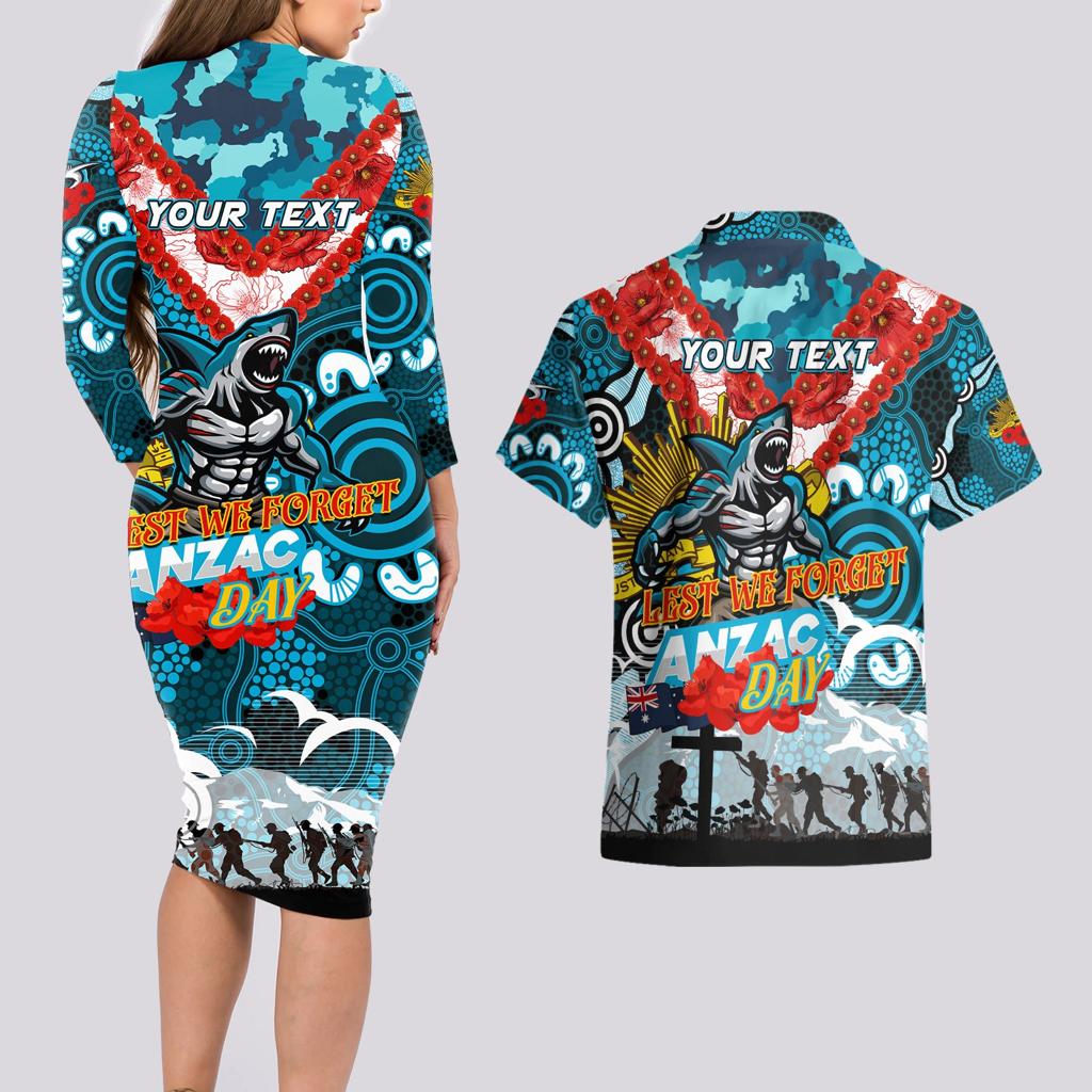 Personalised Sharks ANZAC Day Couples Matching Long Sleeve Bodycon Dress and Hawaiian Shirt Aboriginal Rising Sun