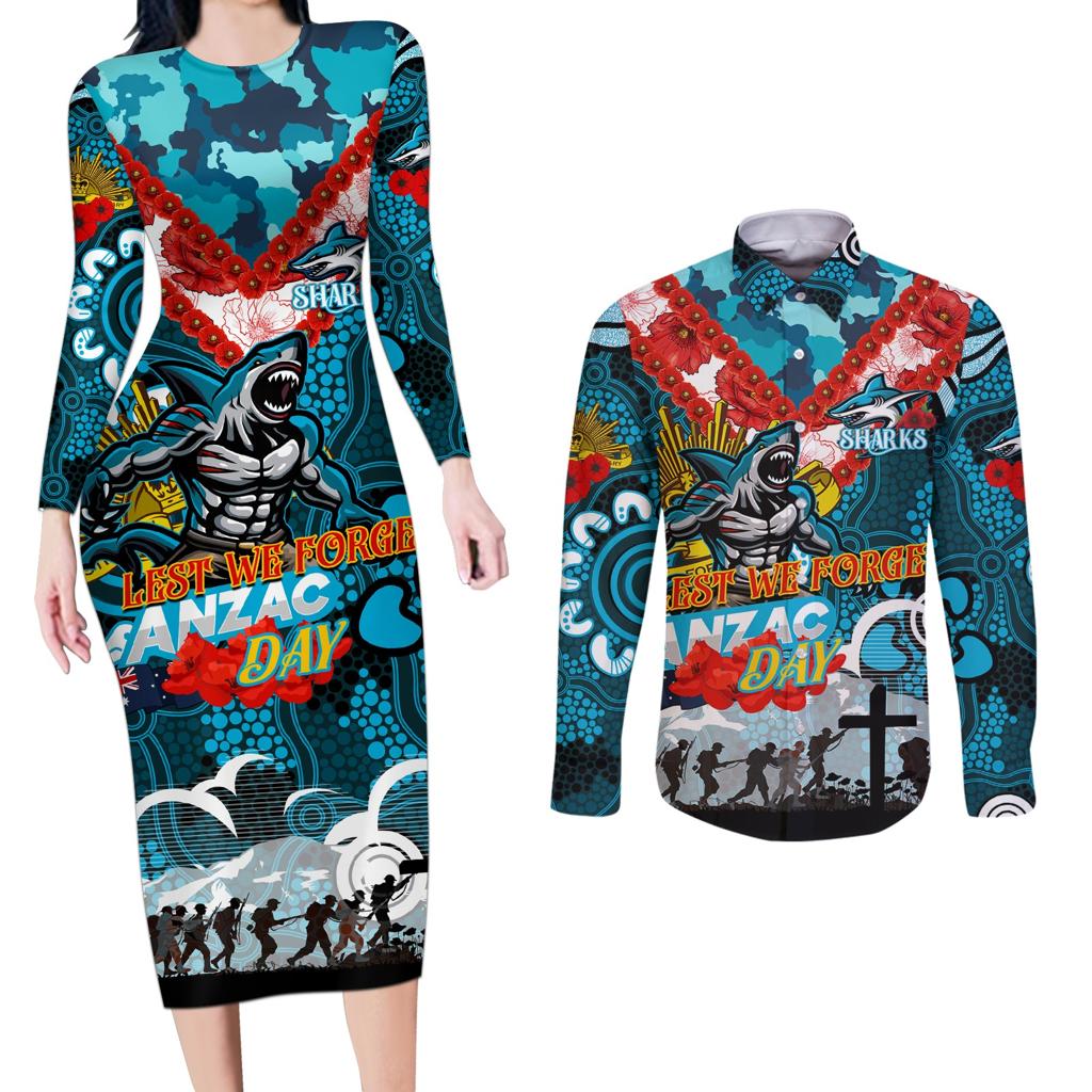 Personalised Sharks ANZAC Day Couples Matching Long Sleeve Bodycon Dress and Long Sleeve Button Shirt Aboriginal Rising Sun