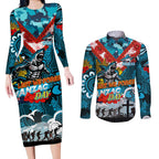 Personalised Sharks ANZAC Day Couples Matching Long Sleeve Bodycon Dress and Long Sleeve Button Shirt Aboriginal Rising Sun
