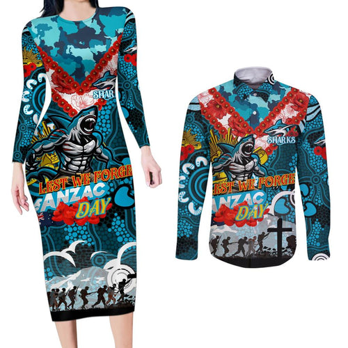 Personalised Sharks ANZAC Day Couples Matching Long Sleeve Bodycon Dress and Long Sleeve Button Shirt Aboriginal Rising Sun