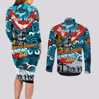 Personalised Sharks ANZAC Day Couples Matching Long Sleeve Bodycon Dress and Long Sleeve Button Shirt Aboriginal Rising Sun