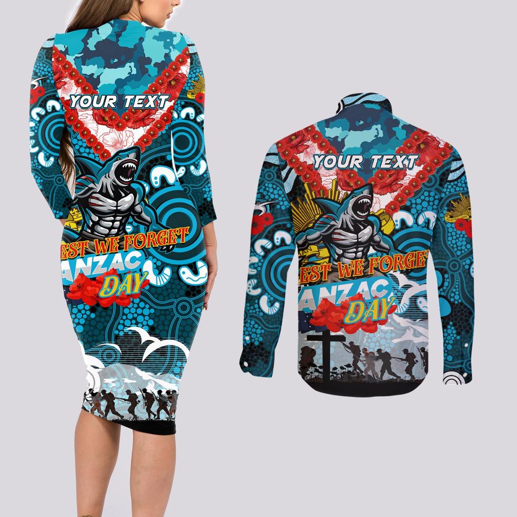 Personalised Sharks ANZAC Day Couples Matching Long Sleeve Bodycon Dress and Long Sleeve Button Shirt Aboriginal Rising Sun