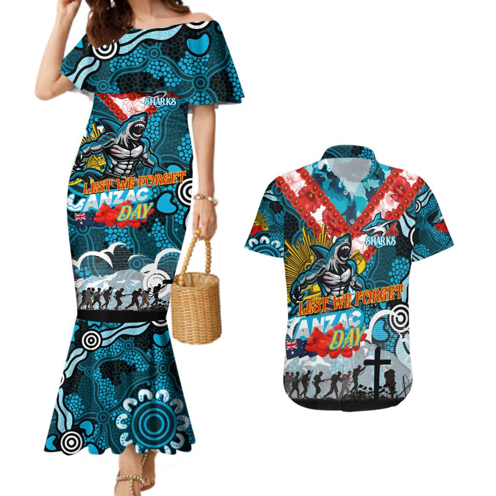 Personalised Sharks ANZAC Day Couples Matching Mermaid Dress and Hawaiian Shirt Aboriginal Rising Sun