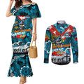 Personalised Sharks ANZAC Day Couples Matching Mermaid Dress and Long Sleeve Button Shirt Aboriginal Rising Sun