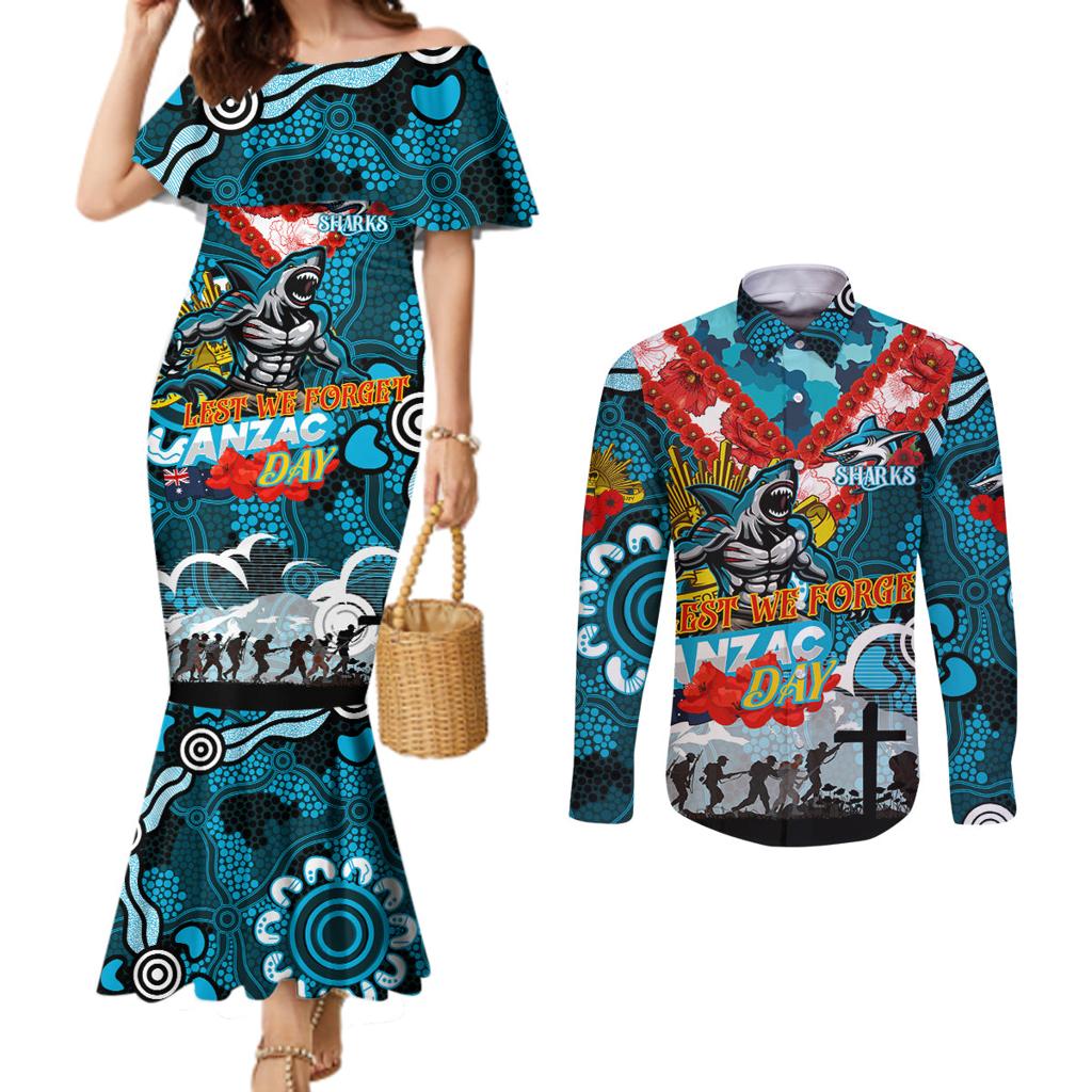 Personalised Sharks ANZAC Day Couples Matching Mermaid Dress and Long Sleeve Button Shirt Aboriginal Rising Sun