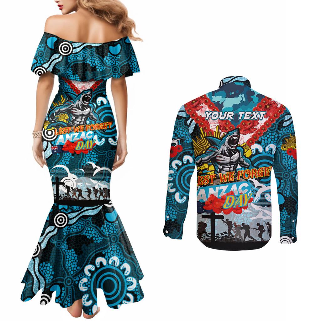 Personalised Sharks ANZAC Day Couples Matching Mermaid Dress and Long Sleeve Button Shirt Aboriginal Rising Sun