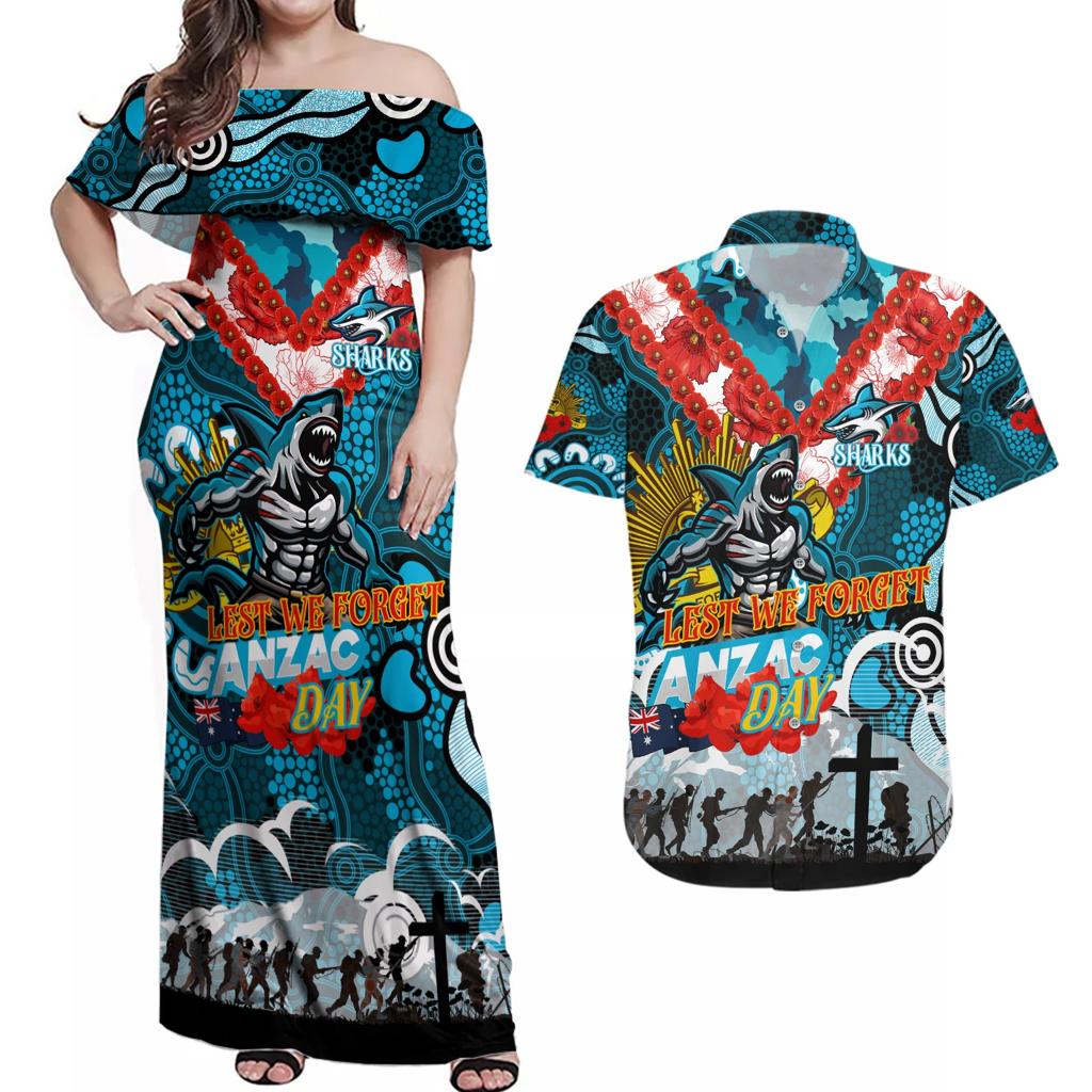 Personalised Sharks ANZAC Day Couples Matching Off Shoulder Maxi Dress and Hawaiian Shirt Aboriginal Rising Sun