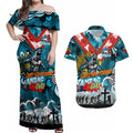 Personalised Sharks ANZAC Day Couples Matching Off Shoulder Maxi Dress and Hawaiian Shirt Aboriginal Rising Sun