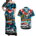 Personalised Sharks ANZAC Day Couples Matching Off Shoulder Maxi Dress and Hawaiian Shirt Aboriginal Rising Sun