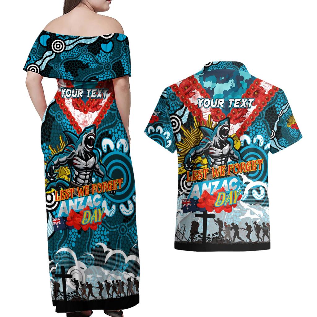 Personalised Sharks ANZAC Day Couples Matching Off Shoulder Maxi Dress and Hawaiian Shirt Aboriginal Rising Sun
