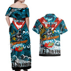 Personalised Sharks ANZAC Day Couples Matching Off Shoulder Maxi Dress and Hawaiian Shirt Aboriginal Rising Sun