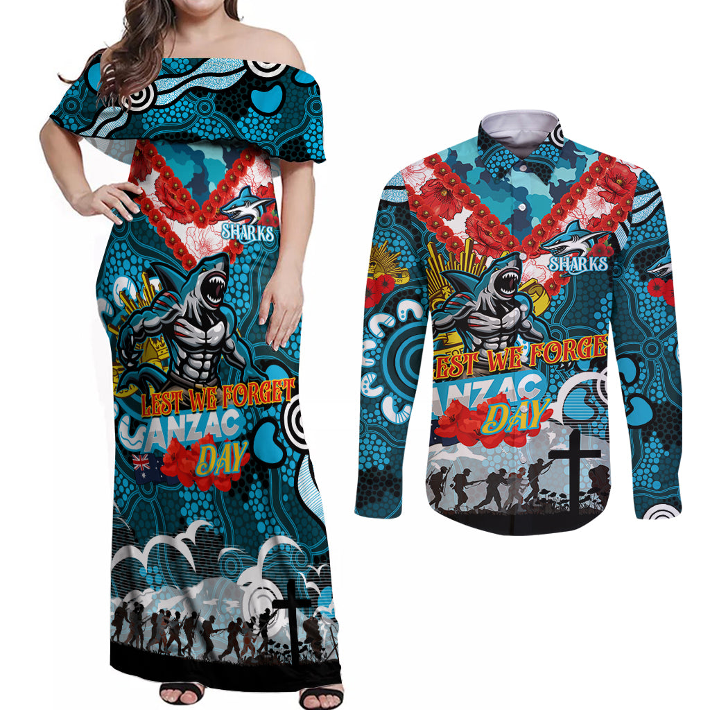 Personalised Sharks ANZAC Day Couples Matching Off Shoulder Maxi Dress and Long Sleeve Button Shirt Aboriginal Rising Sun