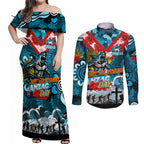Personalised Sharks ANZAC Day Couples Matching Off Shoulder Maxi Dress and Long Sleeve Button Shirt Aboriginal Rising Sun
