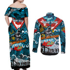 Personalised Sharks ANZAC Day Couples Matching Off Shoulder Maxi Dress and Long Sleeve Button Shirt Aboriginal Rising Sun