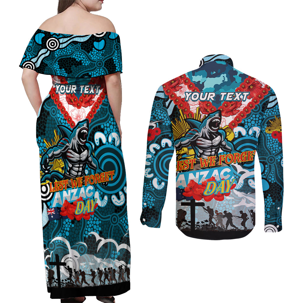 Personalised Sharks ANZAC Day Couples Matching Off Shoulder Maxi Dress and Long Sleeve Button Shirt Aboriginal Rising Sun