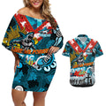 Personalised Sharks ANZAC Day Couples Matching Off Shoulder Short Dress and Hawaiian Shirt Aboriginal Rising Sun