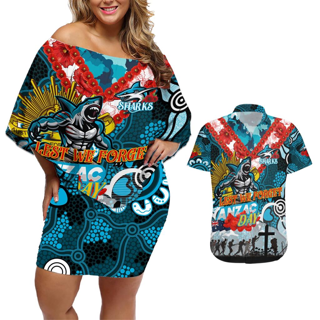 Personalised Sharks ANZAC Day Couples Matching Off Shoulder Short Dress and Hawaiian Shirt Aboriginal Rising Sun