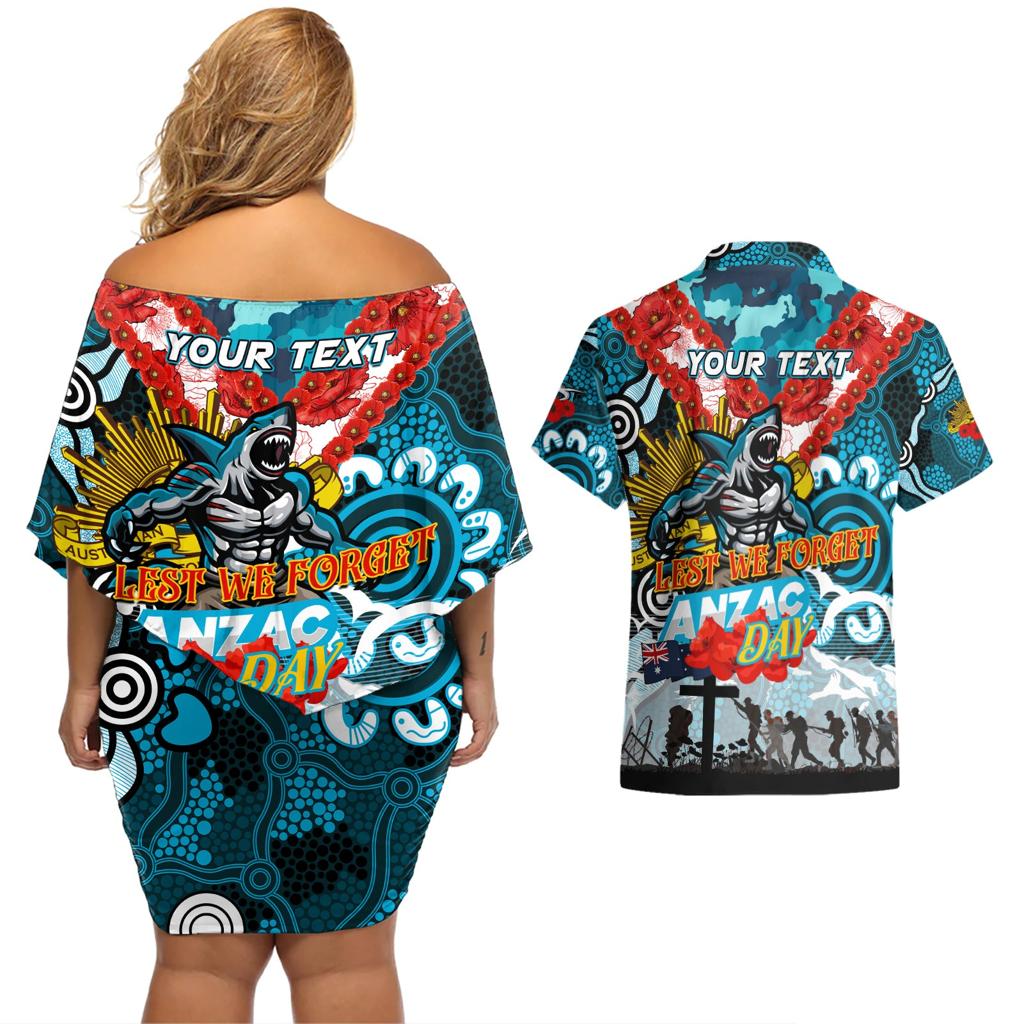 Personalised Sharks ANZAC Day Couples Matching Off Shoulder Short Dress and Hawaiian Shirt Aboriginal Rising Sun