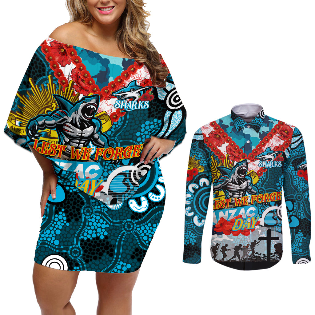Personalised Sharks ANZAC Day Couples Matching Off Shoulder Short Dress and Long Sleeve Button Shirt Aboriginal Rising Sun