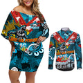 Personalised Sharks ANZAC Day Couples Matching Off Shoulder Short Dress and Long Sleeve Button Shirt Aboriginal Rising Sun