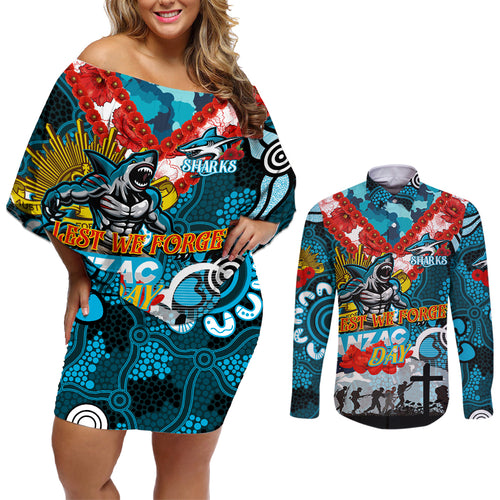 Personalised Sharks ANZAC Day Couples Matching Off Shoulder Short Dress and Long Sleeve Button Shirt Aboriginal Rising Sun