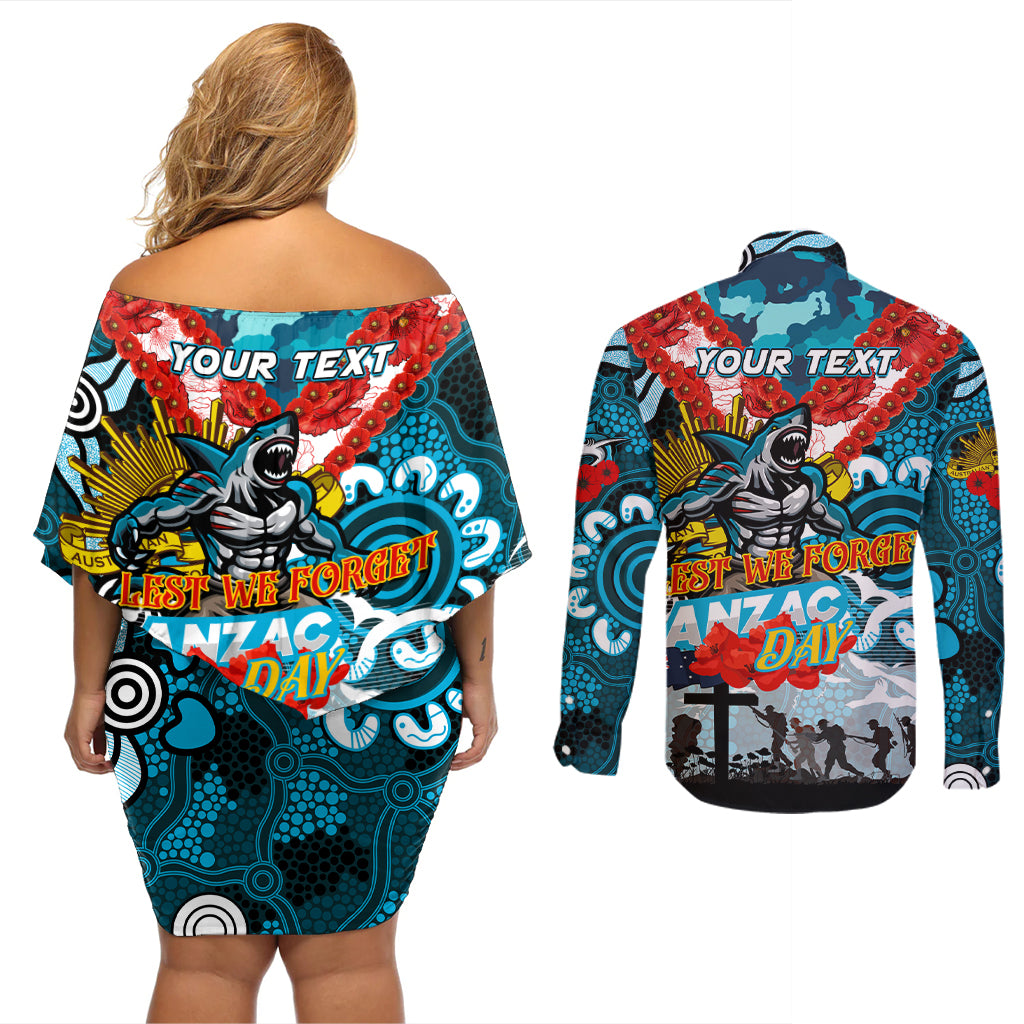 Personalised Sharks ANZAC Day Couples Matching Off Shoulder Short Dress and Long Sleeve Button Shirt Aboriginal Rising Sun