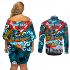Personalised Sharks ANZAC Day Couples Matching Off Shoulder Short Dress and Long Sleeve Button Shirt Aboriginal Rising Sun
