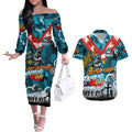 Personalised Sharks ANZAC Day Couples Matching Off The Shoulder Long Sleeve Dress and Hawaiian Shirt Aboriginal Rising Sun